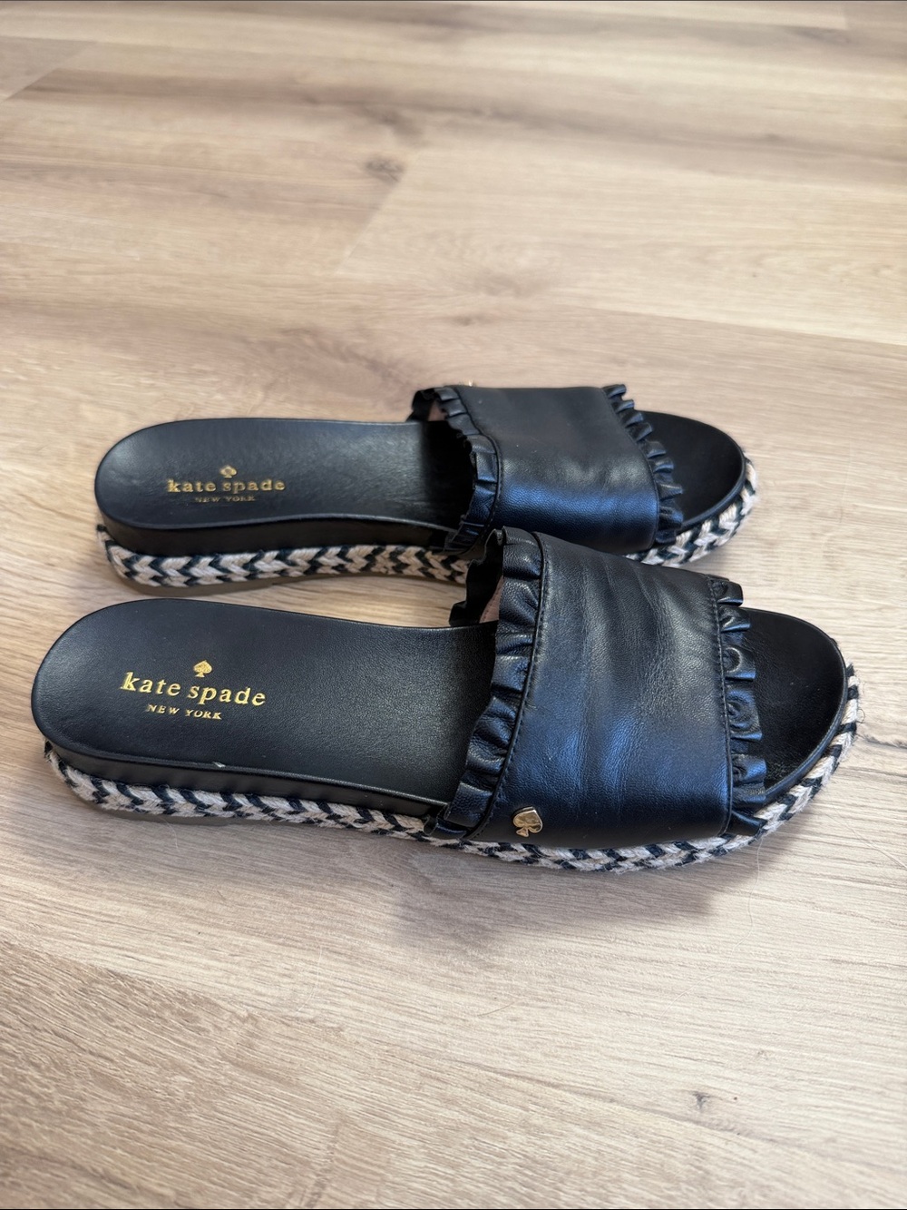 kate spade Black Ruffle Slide Sandals with Zebra Trim
